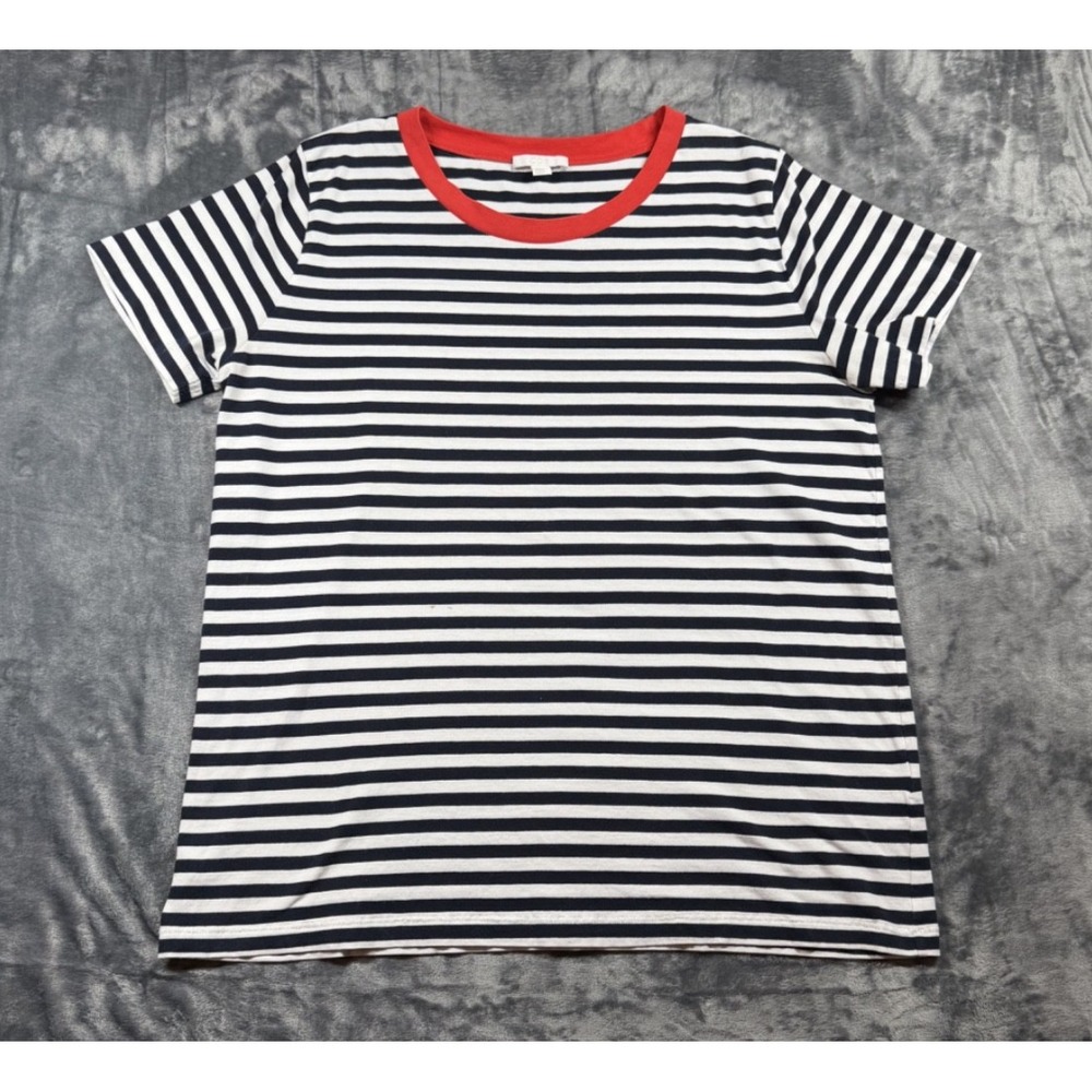 COS Women Large Black White Striped T Shirt Orange Trim Cotton Breton Crewneck